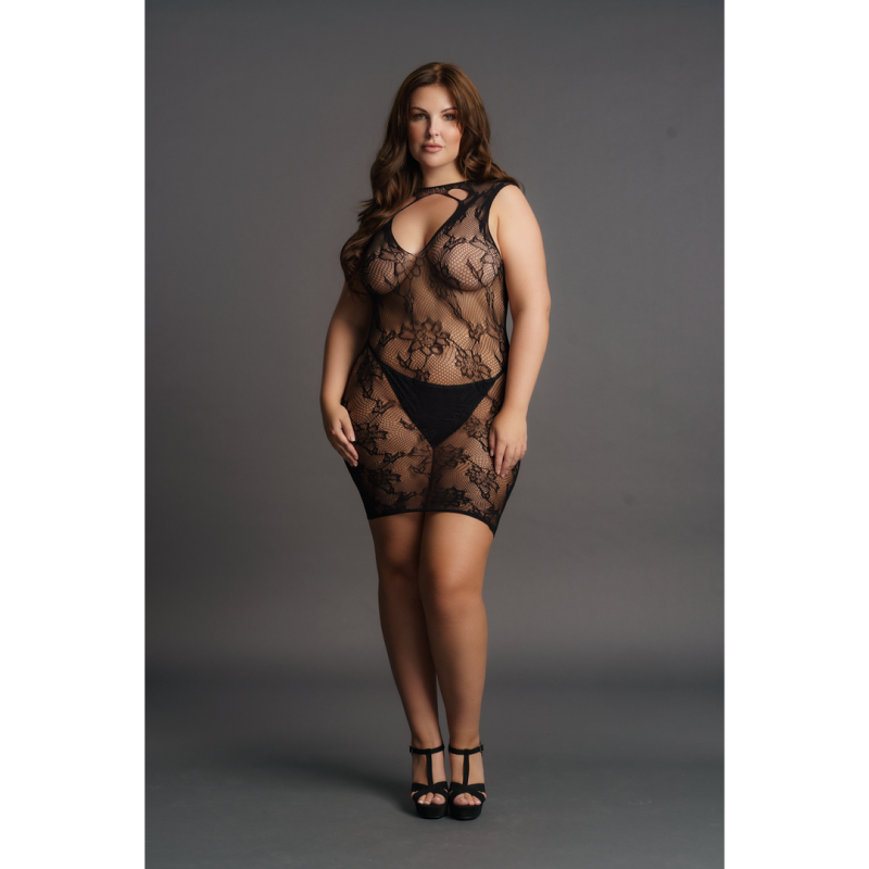 High Neck Lace Mini Dress - Plus Size