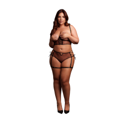Two Piece Set with Underwired Open-Cup Bra and Panty with Laced Up Details - Plus Size - Black