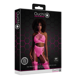 Two Piece with Crop Top and Stockings - One Size - Neon Pink