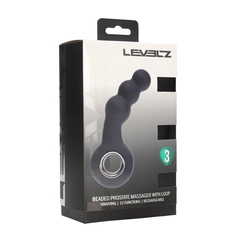 Vibrating Beaded Silicone Prostate Massager with Loop - Black