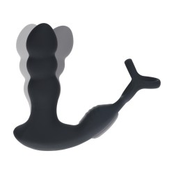 Dual Vibrating Remote Rotating Head Silicone Prostate Stimulator with Cock and Ball Ring - Black