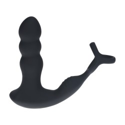 Dual Vibrating Remote Rotating Head Silicone Prostate Stimulator with Cock and Ball Ring - Black