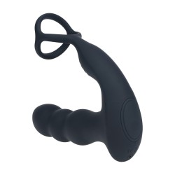 Dual Vibrating Remote Rotating Head Silicone Prostate Stimulator with Cock and Ball Ring - Black