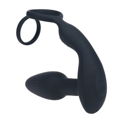 Dual Vibrating Remote Rotating Beads Silicone Prostate Stimulator with Cock and Ball Ring - Black