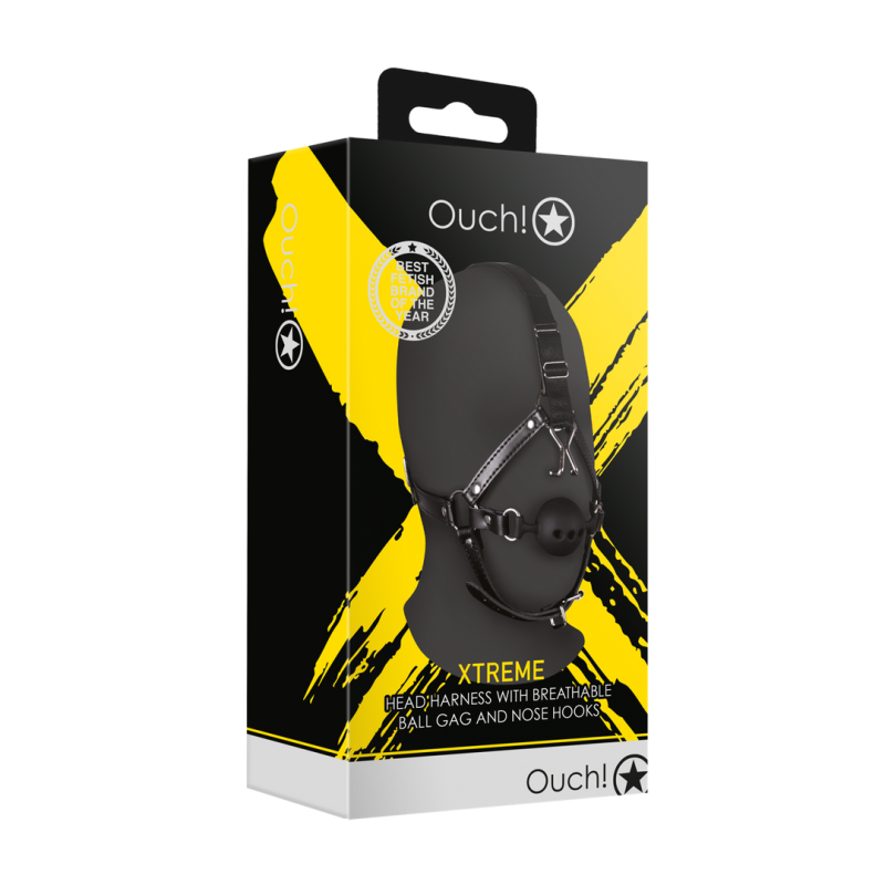 Head Harness with Breathable Ball Gag and Nose Hooks - Black