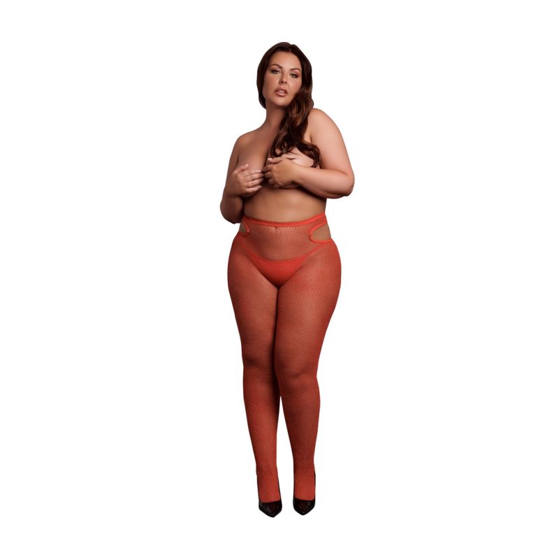 Shimmering Cut-Out Tights - Plus Size - Red/Gold Glitter