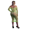 Long Sleeve Crop Top and Long Skirt - Plus Size - Neon Green