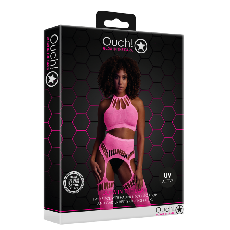 Two Piece with Crop Top and Stockings - One Size - Neon Pink