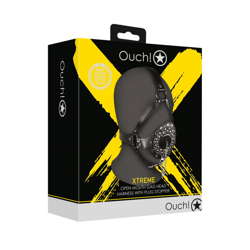 Open Mouth Gag Head Harness with Plug Stopper - Black