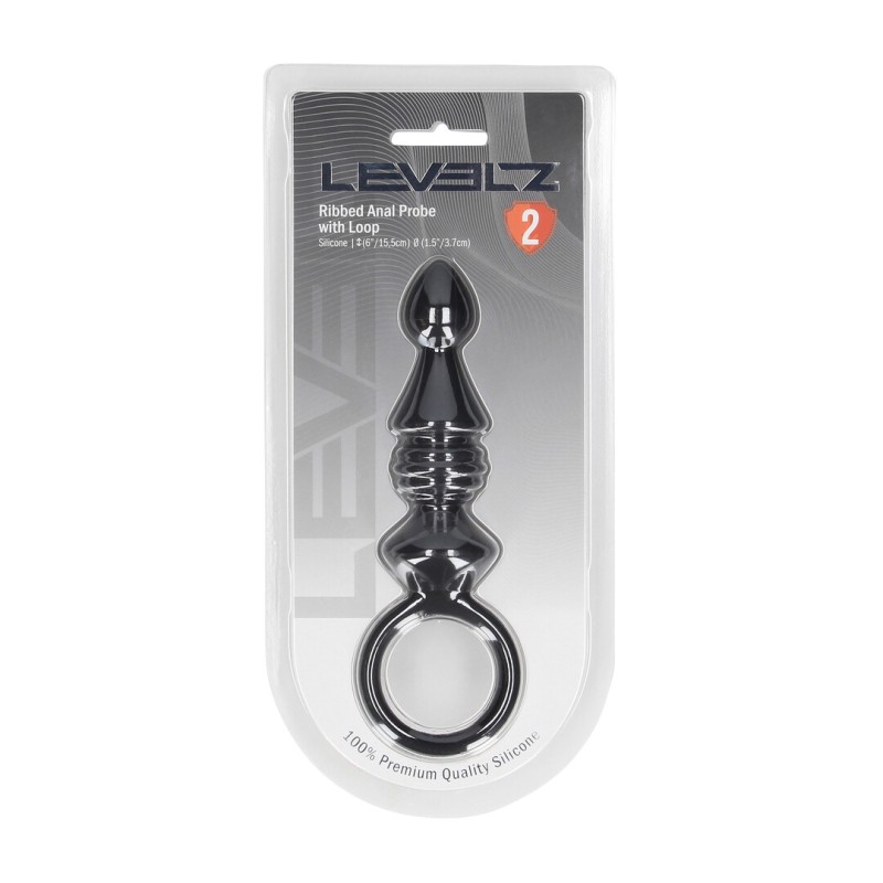 Ribbed Silicone Anal Probe with Loop - Black