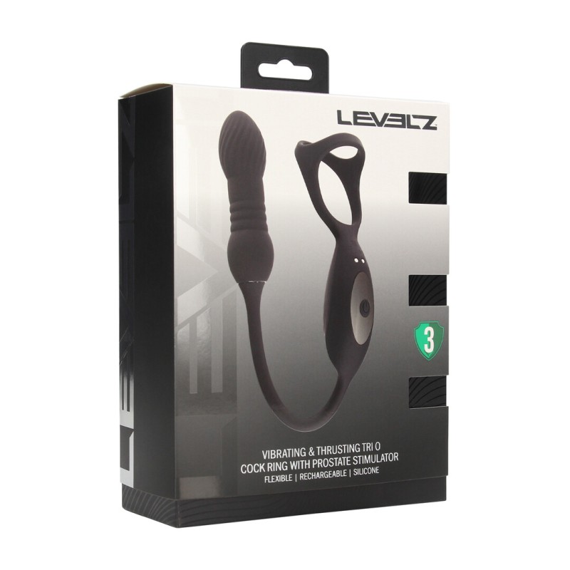 Vibrating and Thrusting Silicone Tri O Cockring with Prostate Stimulator - Black