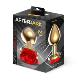 Golden Metal Anal Plug with Red Rose Base - Size M